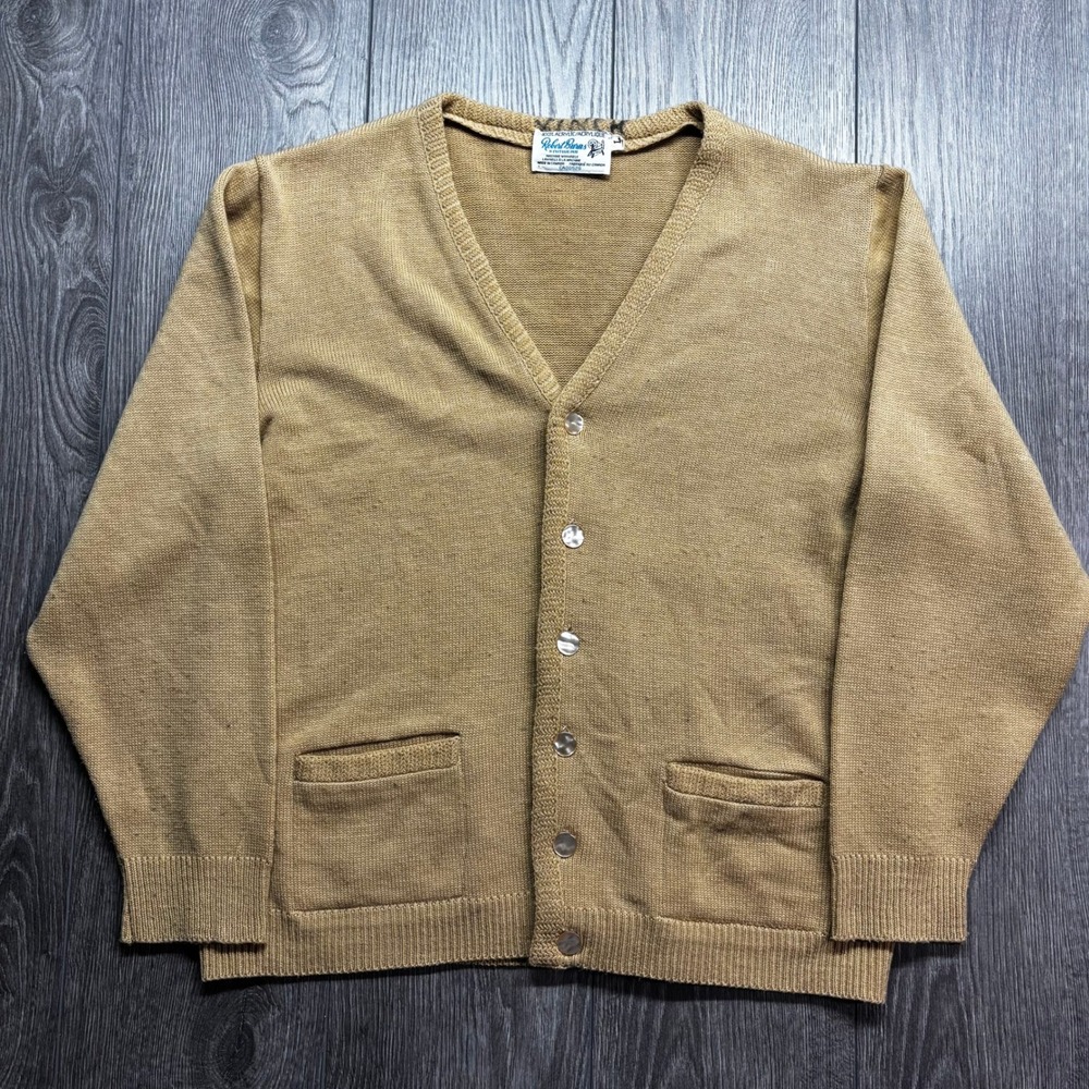 Vintage Robert Burns Mens Medium Tan Knit Cardigan Sweater Button Front 1960s